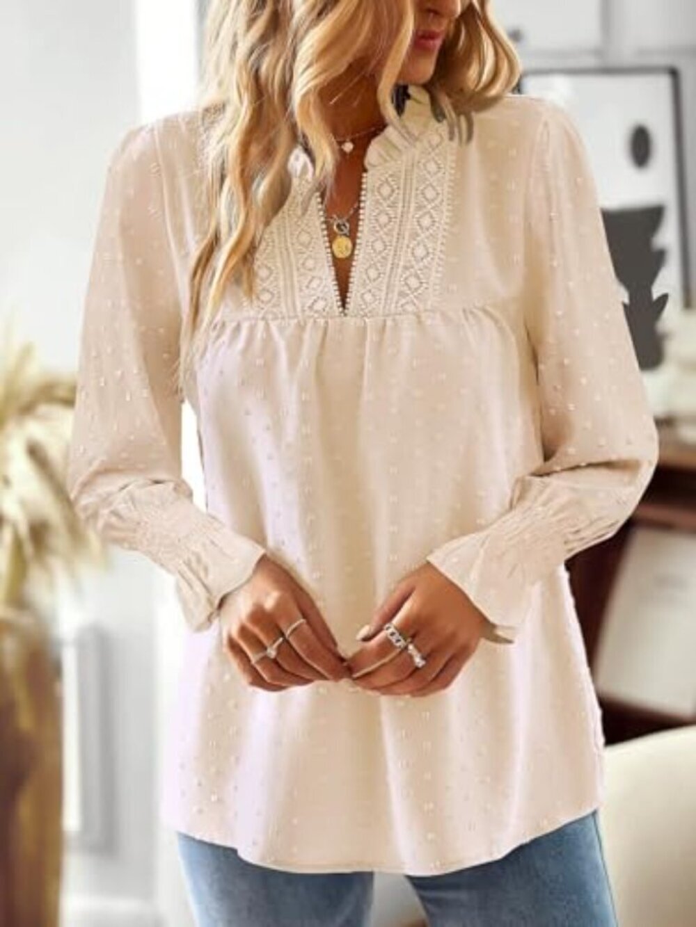 🆕 Boho Tops for Women V Neck Blouses Flowy Swiss Dot Dressy Casual Lace Womens - Picture 5 of 6